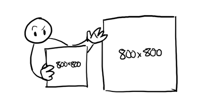 A confused person compares two differently-sized boxes both labeled '800 x 800'