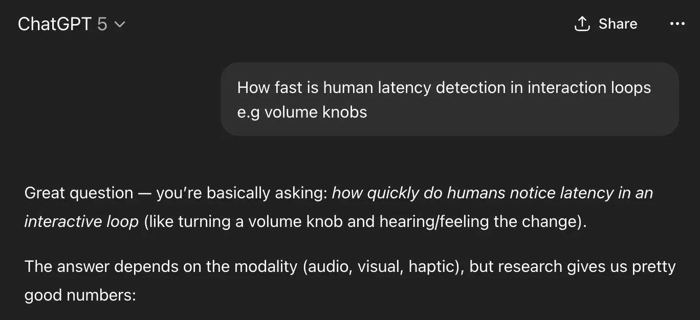 ChatGPT chat: How fast is human latency detection in interaction loops