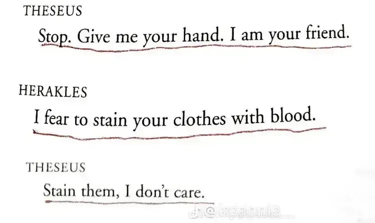 a scan from herakles, with quotes underlined; including, 'I fear to stain your clothes with blood'
