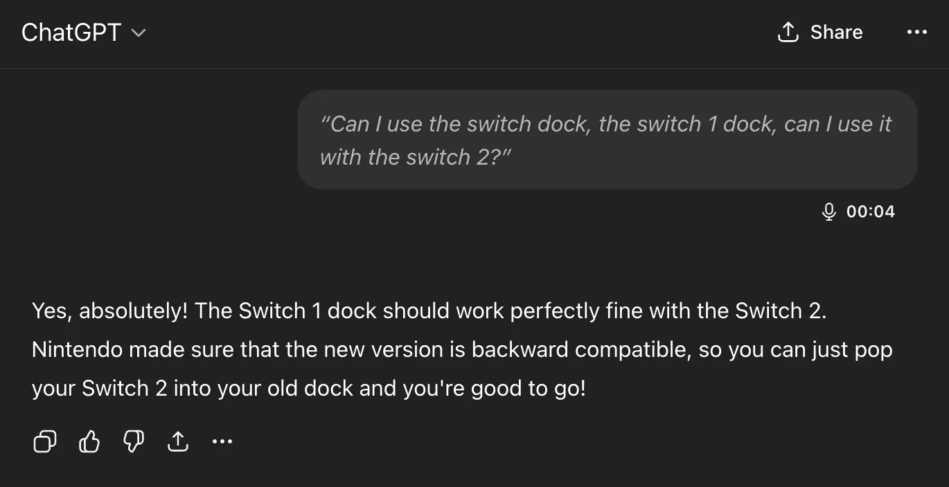 ChatGPT claims 'the Switch 1 dock should work perfectly fine with the Switch 2.'