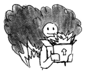 A smiling person walks away from a raging fire holding a cardboard box, also on fire